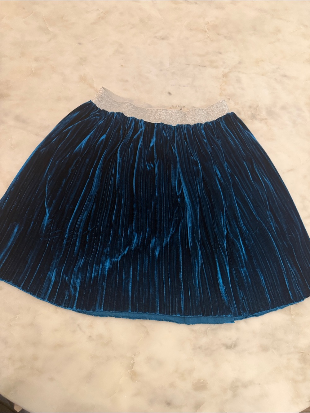 Peek Teal-Blue Velvet Pleated Skirt with Silver Elastic Waistband